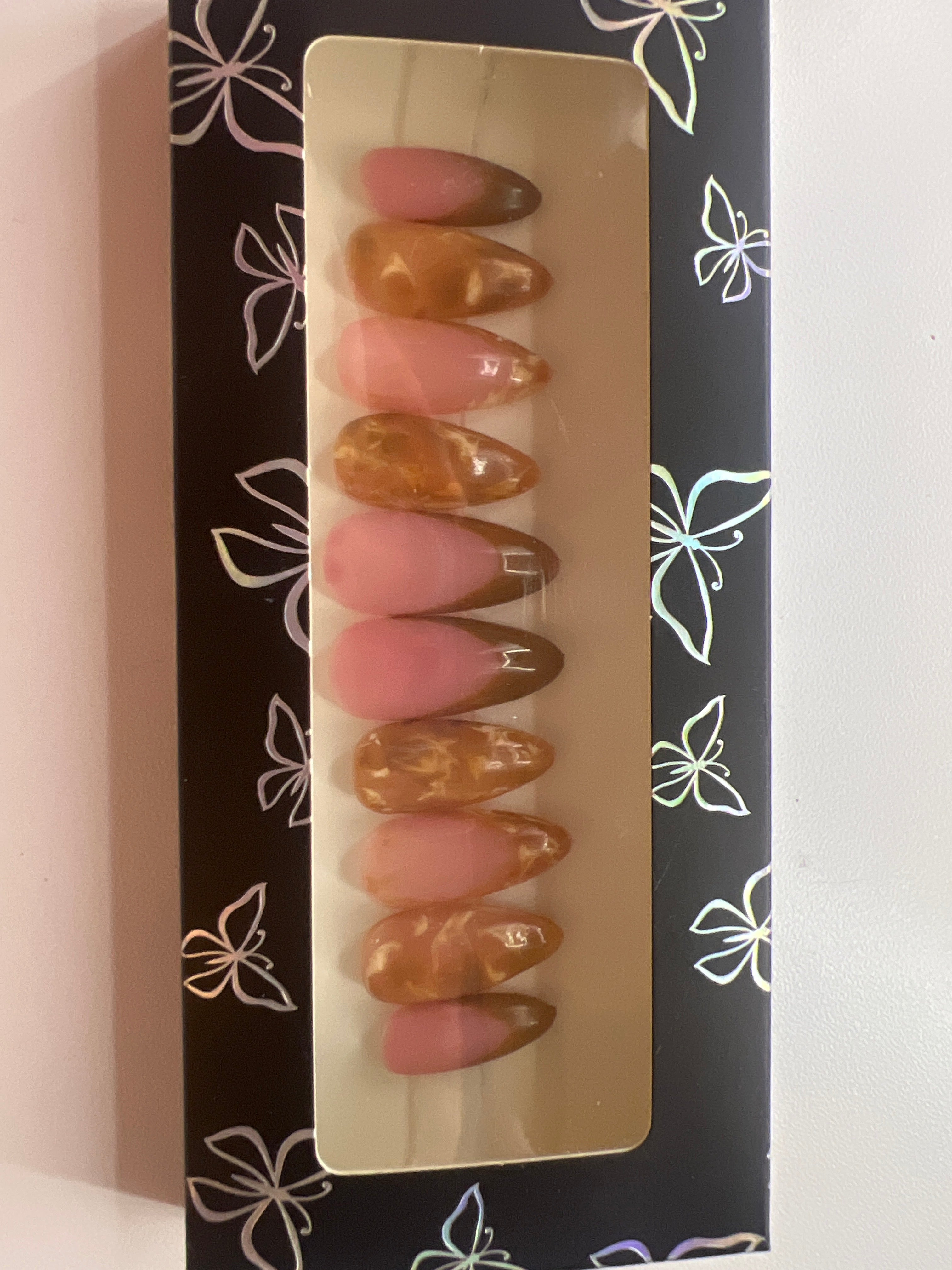 brown marble almond press ons